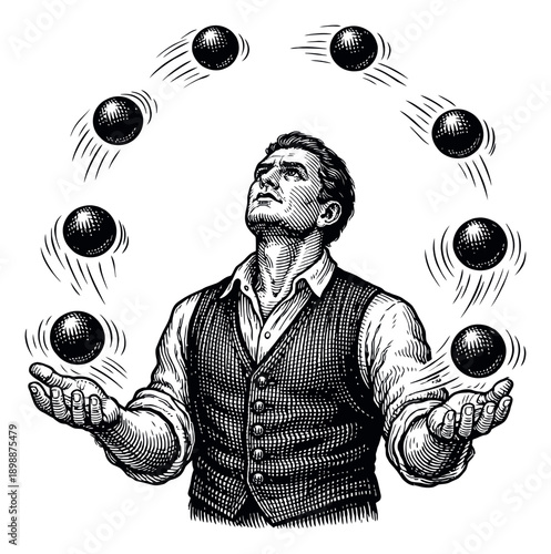 Hand drawn line art illustration of a man depicting juggling balls for skill and performance