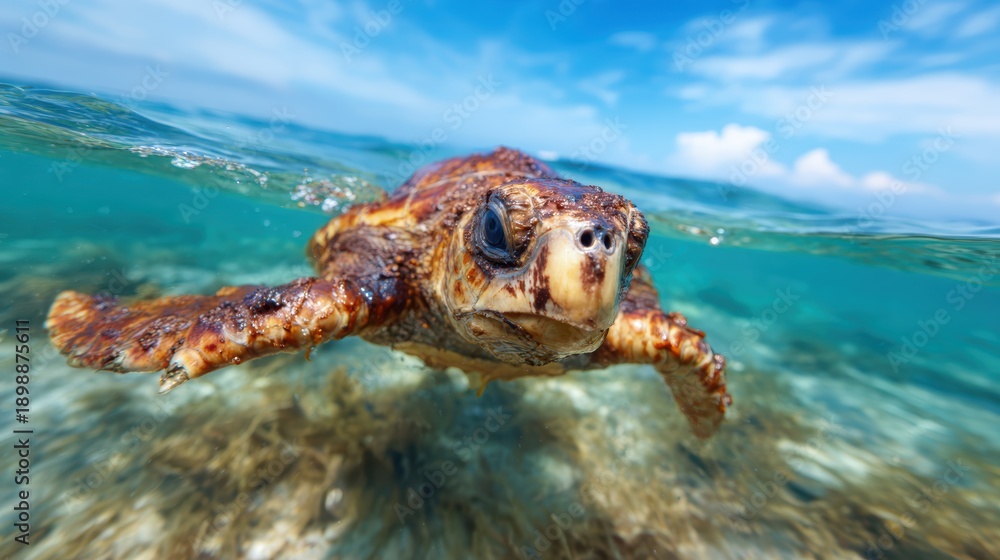 Fototapeta premium An elegant sea turtle gliding through crystalline waters, showcasing marine beauty and the importance of ocean conservation in a tranquil underwater setting.