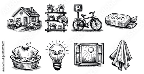 Hand drawn line art daily essentials set featuring a house, plants, bicycle, soap, laundry items, an eco lightbulb, an open window, and a towel for domestic life and sustainability