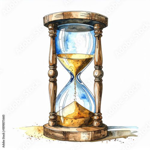 Hand-drawn watercolor illustration of hourglass, sketchy lines. Time passing. Isolated on white