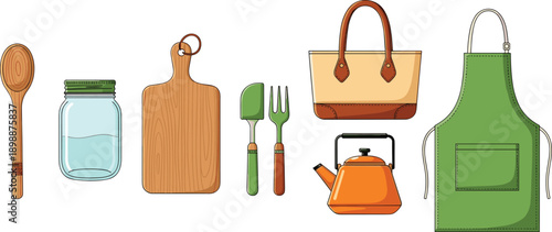 Household and gardening icon set with spoon, boots, kettle, apron, and tools, vector illustration, editable design