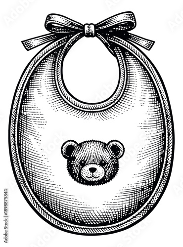 Hand drawn line art illustration of a baby bib depicting a teddy bear head for infant care
