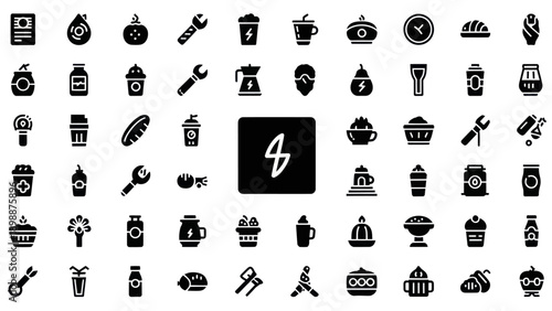 Energy Drink Icons: Lightning Bolt, Coffee, Sports Nutrition, Smoothies, Tools