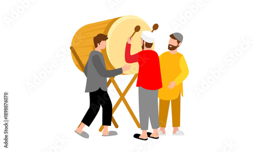 Three Muslim men in traditional attire celebrating by hitting a large wooden bedug drum.