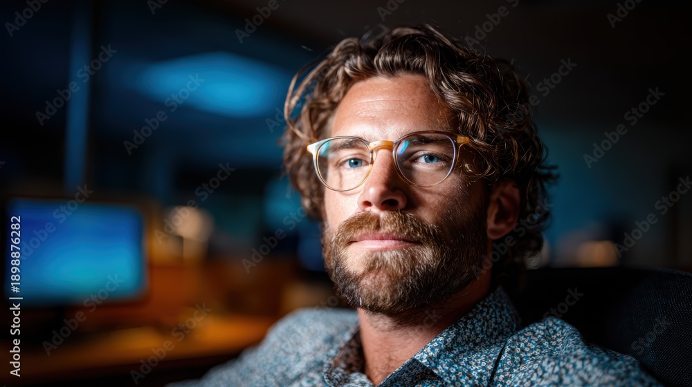 Fototapeta premium A stylish man with curly hair and glasses is captured in a moody office setting, expressing confidence and creativity against a backdrop of soft lighting.