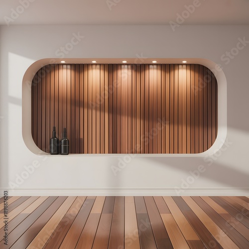 Modern minimalist living room interior with built in sofa seating, curved wall niche lighting and neutral tones, contemporary home design concept for luxury residential decor and stylish interior insp