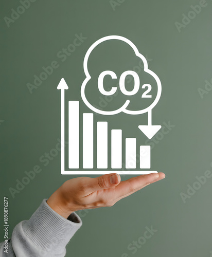 Carbon dioxide emissions concept with CO2 symbol and upward trend arrow inside transparent sphere, environmental impact and climate change illustration for sustainability, green economy and emission r