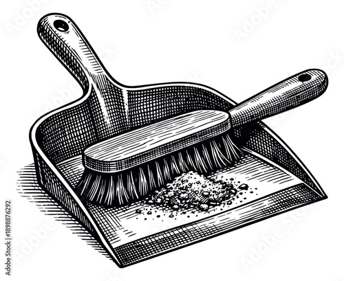 Hand drawn line art illustration of a dustpan and brush depicting cleaning for household chores