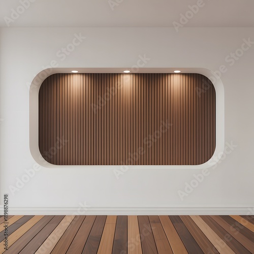 Modern minimalist living room interior with built in sofa seating, curved wall niche lighting and neutral tones, contemporary home design concept for luxury residential decor and stylish interior insp