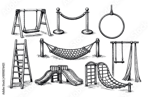Hand drawn recreation set featuring various playground equipment, a hammock, and circus elements for outdoor activities and entertainment