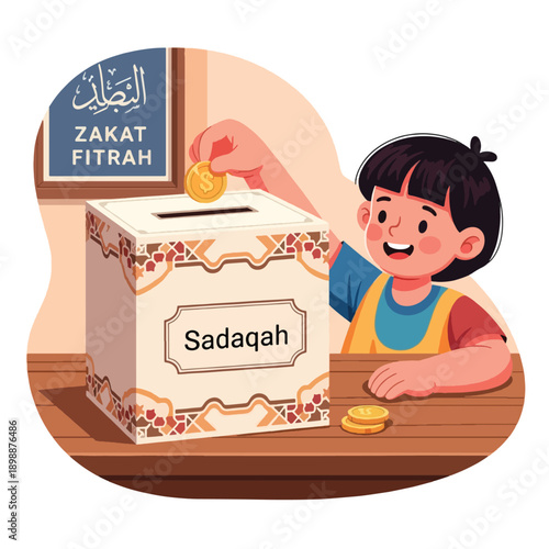 Child putting coin into charity box.