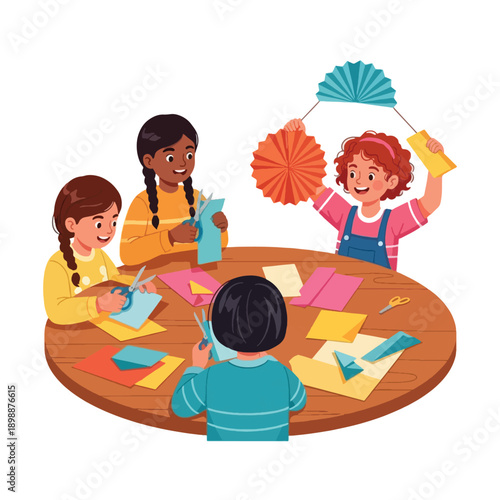 Children are making paper crafts.