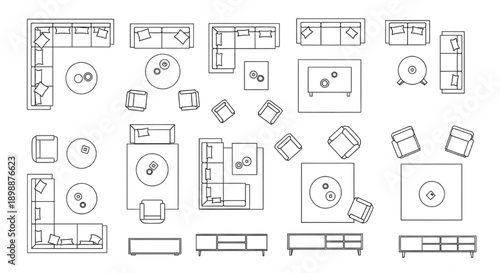 Vector Top View Living Room Furniture Set Featuring Modular Sofas and Tables Line Art