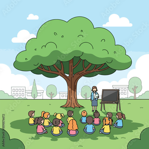 children sitting in circle outdoors learning.