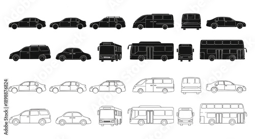 Vector Set of Car, Bus, Van, Truck, Sedan and SUV Elevations in Silhouette and Outline Styles