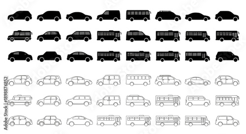 Vector Set of Car, Bus, Van, Truck, Sedan and SUV Elevations in Silhouette and Outline Styles