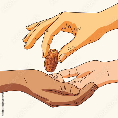 Hands exchanging a brown date fruit.