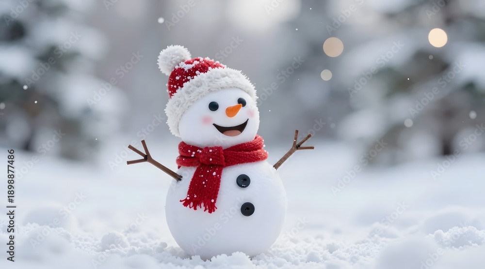 Obraz premium Happy snowman standing in a snowy winter landscape smiling cheerfully