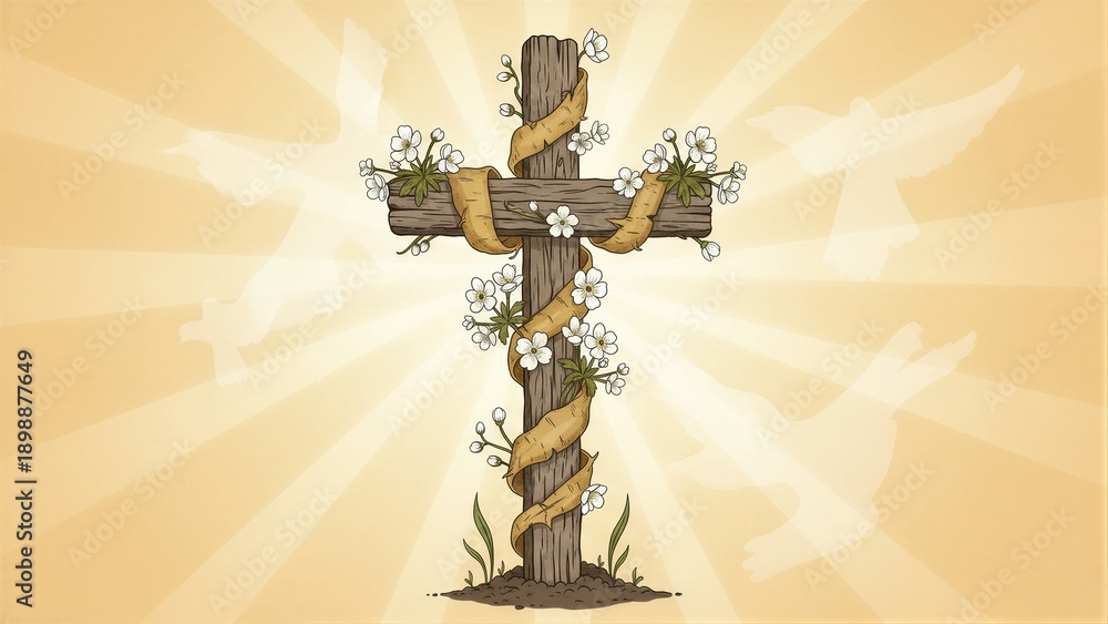 Fototapeta premium Wooden cross decorated with flowers and ribbon, with dove silhouettes and rays. Christian Easter and Pentecost symbol for spiritual worship.