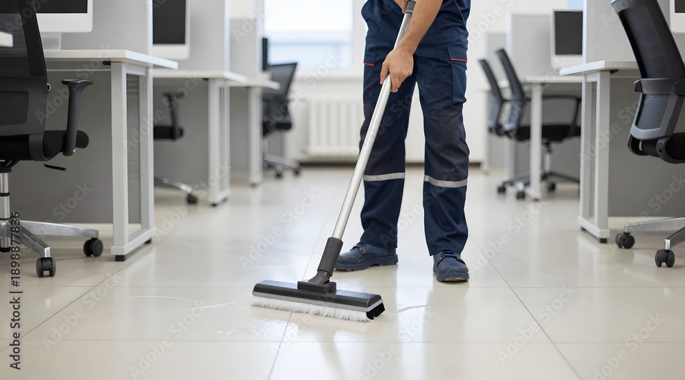 Fototapeta premium Close up of worker mopping the floor in an office space