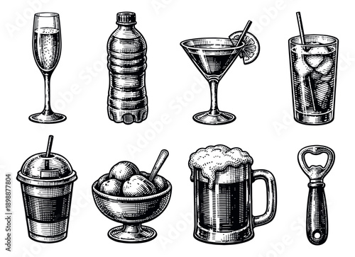 Hand drawn drinks and desserts set featuring various beverages, ice cream, and a bottle opener for bar and restaurant menus
