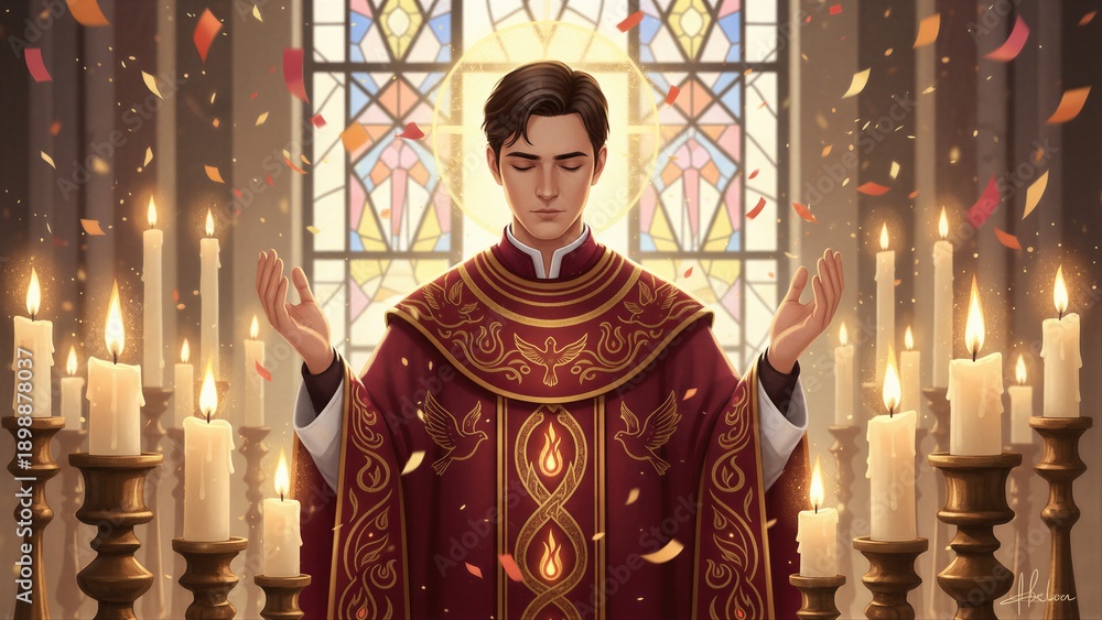 Fototapeta premium Man priest praying wearing liturgical vestment, an act of faith and spirituality inside a church with stained glass. Pentecost concept.