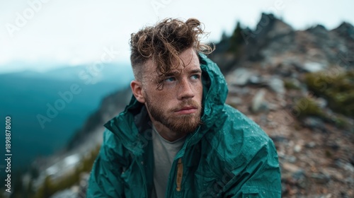 An adventurous man in a green jacket sits on rocky terrain under a rainy sky, capturing the essence of exploration and resilience in nature's embrace.