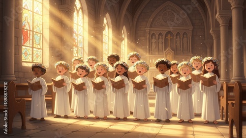 Group of happy children in white robes singing a hymn in church, concept for Pentecost and religious celebration.