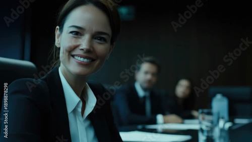 A professional businesswoman in a conference room, smiling confidently during an office meeting. Her attire is formal and appropriate for corporate settings.