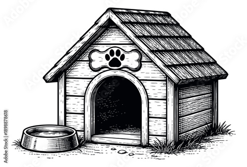 Hand drawn line art illustration of a dog house depicting a classic kennel with a water bowl for pet care concepts
