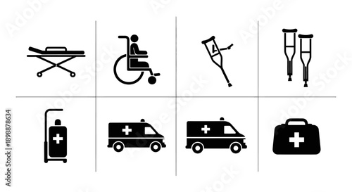 Medical emergency icons for healthcare and first aid