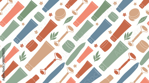 Boho abstract pattern of skincare products and facial rollers in muted earthy tones