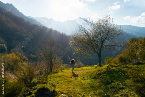 Person Walking on Grassy Hill in Sunlit Mountain Landscape