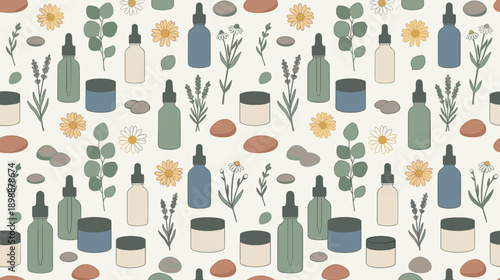 Natural Skincare Ingredients Pattern with Dropper Bottles, Jars, and Botanicals