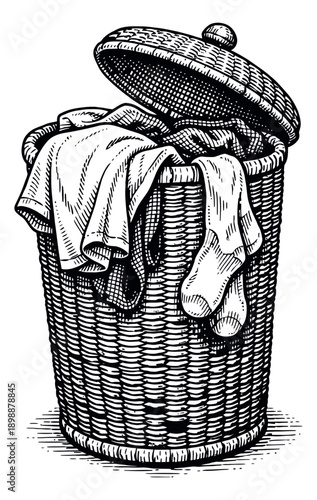 Hand drawn line art illustration of a laundry basket depicting overflowing dirty clothes for household chores
