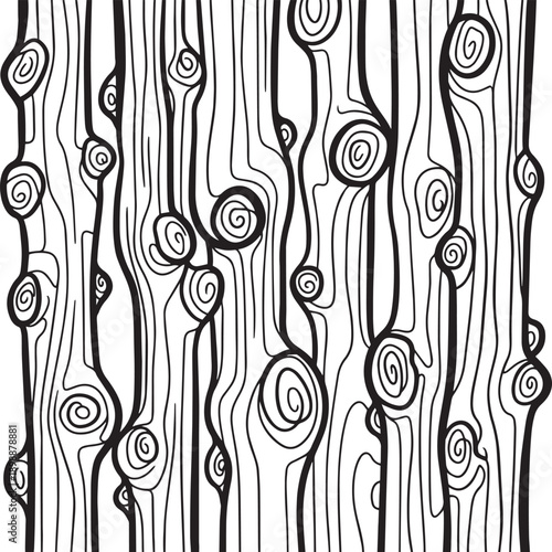 hand drawn wood grain texture pattern with organic tree knots and flowing vertical lines black and white vector illustration
