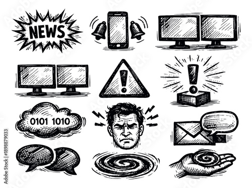 Hand drawn line art digital communication and information set featuring news, a smartphone, computers, a warning sign, a data cloud, and a stressed person for alerts and notifications