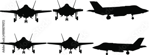 Military fighter jet aircraft silhouettes set including front and side view profiles for air force aviation design, stealth combat plane vector illustration
