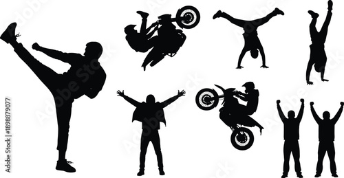 Set of action sports silhouettes, motocross stunt rider, martial arts fighter kicking, man doing handstand, extreme athlete performance isolated on white background vector.