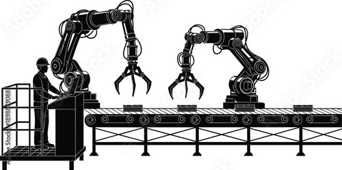 Automated industrial factory production line with worker operating robotic arms on conveyor belt for manufacturing process, smart industry 4.0 technology vector illustration