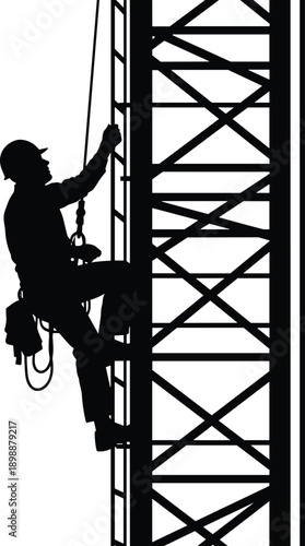 Male industrial climber silhouette on metal tower ladder with safety harness, professional worker climbing high altitude construction structure vector illustration on white