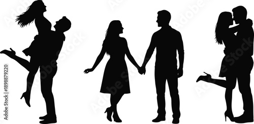 Set of romantic couple silhouettes, man lifting woman, lovers holding hands, hugging and kissing partners, vector people illustration isolated on white background.