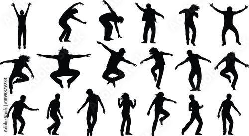 People dancing and jumping silhouettes set featuring men and women in various energetic poses for party, music festival, and fitness vector illustration