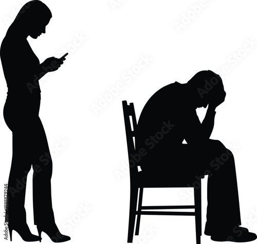 Woman standing looking at phone and sad man sitting head in hands silhouette for relationship problems, breakup, and mental health depression concept