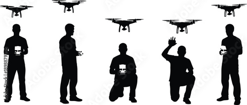 Drone pilot silhouettes set with operators holding remote controllers and quadcopters in various poses, professional aerial photography and surveillance technology vector illustration