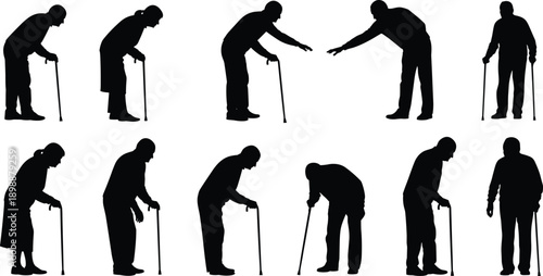 Elderly people silhouettes set featuring senior men and women walking with canes in various hunched poses for aging and healthcare vector illustration