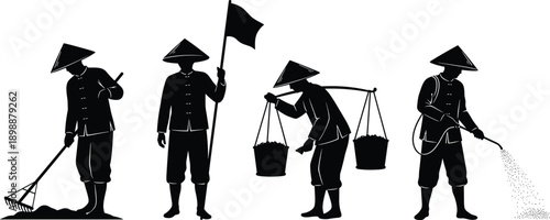 Asian farmer silhouettes set in conical hats performing traditional agricultural tasks like raking, carrying buckets, holding flag, and spraying crops vector illustration