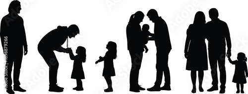 Large set of black family silhouettes, parents with children, father holding daughter hand, mother carrying baby, couple walking, isolated on white background.