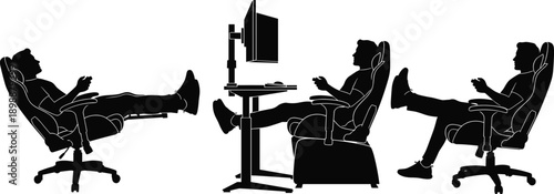 Set of gamer silhouettes sitting in reclining ergonomic chairs, man playing video games with controller, relaxed office worker with feet up isolated on white.