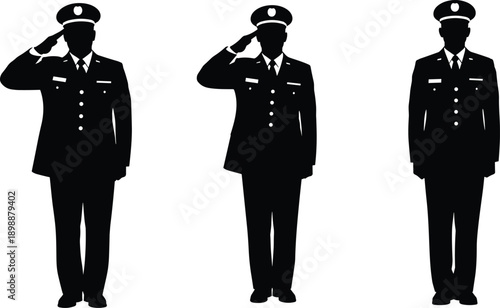 Professional military officer or pilot silhouettes set featuring men in formal uniform saluting and standing at attention for aviation and defense vector